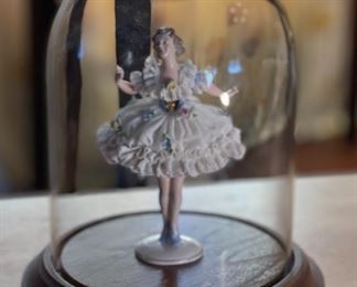 AS-IS Antique German Muller Volkstedt figurine Dancer Dresden Porcelain Lace Figurine In Dome Display	6x4x2.5in	HxWxD
