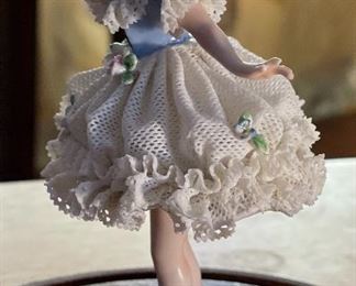 AS-IS Antique German Muller Volkstedt figurine Dancer Dresden Porcelain Lace Figurine In Dome Display	6x4x2.5in	HxWxD

