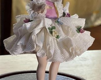 Antique German Muller Volkstedt figurine Dancer Dresden Porcelain Lace Figurine In Dome Display  #2	6x4.5x4in	HxWxD
