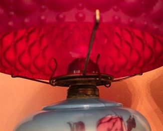 Ruby Red Quilt Shade Oil Lamp hand painted	19in H x 11in Diameter	
