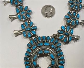 Vintage Native American Squash Blossom Necklace Turquoise Sterling Silver Signed	1	
