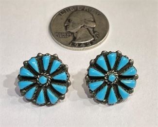 Navajo Turquoise Sterling Silver Cluster Earrings PAIR		
