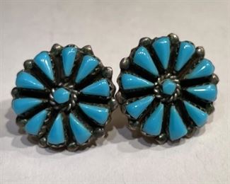Navajo Turquoise Sterling Silver Cluster Earrings PAIR		