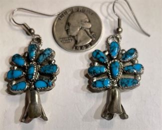 Navajo Turquoise Sterling Silver Cluster Earrings Squash Blossom PAIR		
