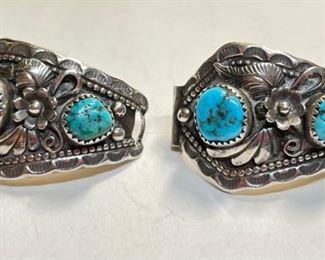 Silver & Turquoise Navajo Watch Band Tips Vintage Signed		
