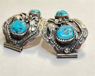 Silver & Turquoise Navajo Watch Band Tips Vintage Signed		
