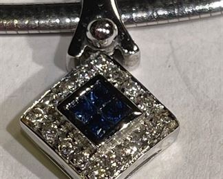 14k White Gold Omega 18 in Necklace w/ Sapphire & Diamond Pendant