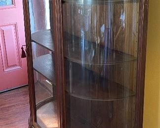 Antique Oak Curved Glass Curio Cabinet 59.5x46x16in HxWxD