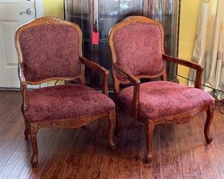 2pc Carved Wood Upholstered Chairs PAIR	39x28x17in	HxWxD
