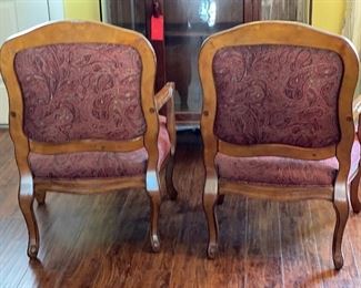 2pc Carved Wood Upholstered Chairs PAIR	39x28x17in	HxWxD
