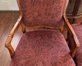 2pc Carved Wood Upholstered Chairs PAIR	39x28x17in	HxWxD
