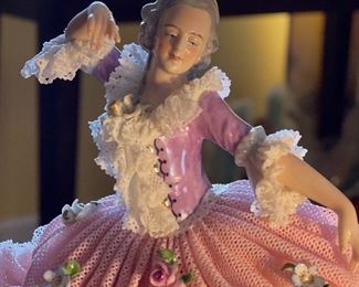 Large Antique German Muller Volkstedt figurine "Dancing Lady" Dresden Porcelain Lace Figurine In Dome Display Figurine: 6x8x5.5in HxWxD