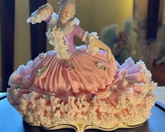 Large Antique German Muller Volkstedt figurine "Dancing Lady" Dresden Porcelain Lace Figurine In Dome Display	Figurine: 6x8x5.5in	HxWxD

