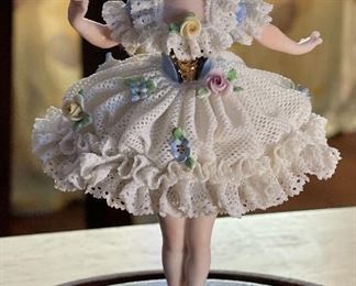 AS-IS Antique German Muller Volkstedt figurine Dancer Dresden Porcelain Lace Figurine In Dome Display	6x4x2.5in	HxWxD
