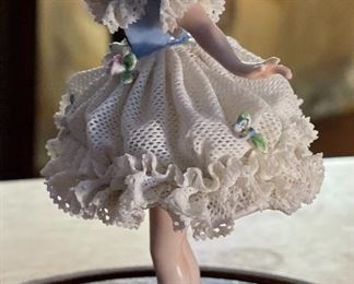 AS-IS Antique German Muller Volkstedt figurine Dancer Dresden Porcelain Lace Figurine In Dome Display 6x4x2.5in HxWxD