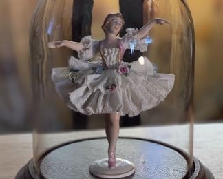 Antique German Muller Volkstedt figurine Dancer Dresden Porcelain Lace Figurine In Dome Display  #2	6x4.5x4in	HxWxD
