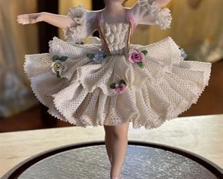 Antique German Muller Volkstedt figurine Dancer Dresden Porcelain Lace Figurine In Dome Display  #2	6x4.5x4in	HxWxD
