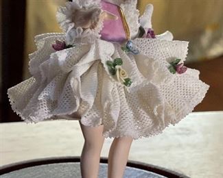 Antique German Muller Volkstedt figurine Dancer Dresden Porcelain Lace Figurine In Dome Display #2 6x4.5x4in HxWxD