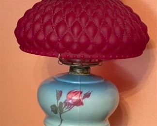 Ruby Red Quilt Shade Oil Lamp hand painted	19in H x 11in Diameter	
