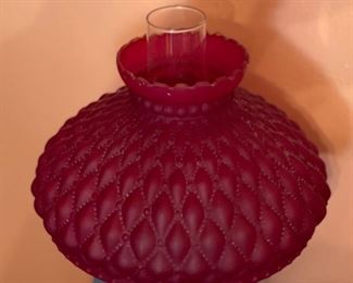 Ruby Red Quilt Shade Oil Lamp hand painted	19in H x 11in Diameter	
