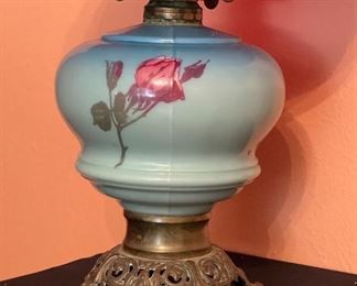 Ruby Red Quilt Shade Oil Lamp hand painted 19in H x 11in Diameter