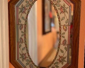 Oak Frame Country Faux Stained Glass Mirror 32x21x.5in HxWxD