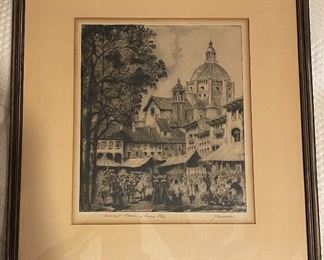 Etching Market Place in Pavia Italy J Cassadei 14.5x12.5in
