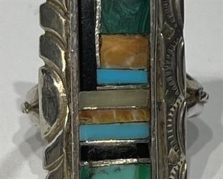 Vintage Zuni Ring Sterling Silver Turquoise Multi Stone Ring Signed AB Native American 1