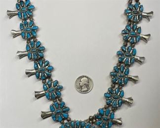 Vintage Native American Squash Blossom Necklace Turquoise Sterling Silver Signed	1	
