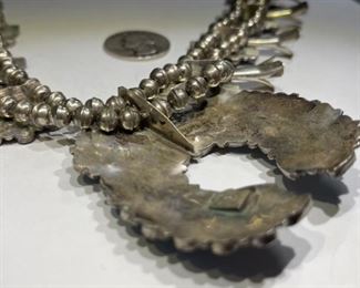 Vintage Native American Squash Blossom Necklace Turquoise Sterling Silver Signed 1