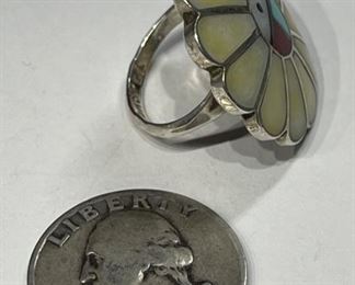 Vintage Zuni Sunface Ring Mother of Pearl Turquoise Sterling Silver 1