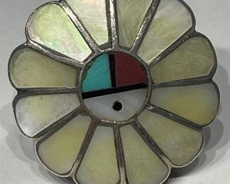 Vintage Zuni Sunface Ring Mother of Pearl Turquoise Sterling Silver 1
