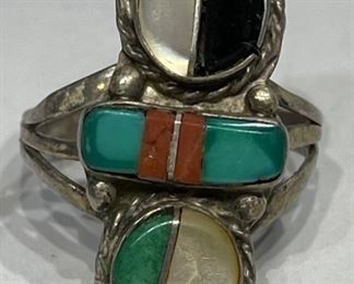 Zuni Sterling Silver Muti Gemstone Ring Signed Sunburst M	1	
