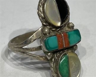 Zuni Sterling Silver Muti Gemstone Ring Signed Sunburst M	1	
