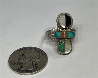 Zuni Sterling Silver Muti Gemstone Ring Signed Sunburst M 1