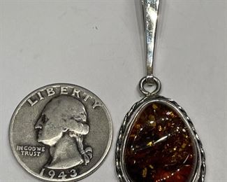 Sterling Silver & Amber Pendant Signed 1