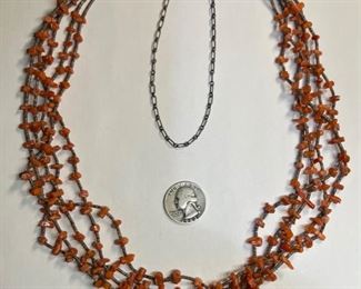 Native American 5-Strand Red Coral & Shell Necklace 27in