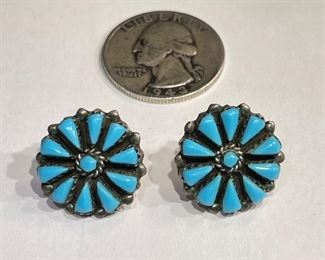 Navajo Turquoise Sterling Silver Cluster Earrings PAIR		