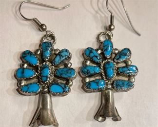 Navajo Turquoise Sterling Silver Cluster Earrings Squash Blossom PAIR