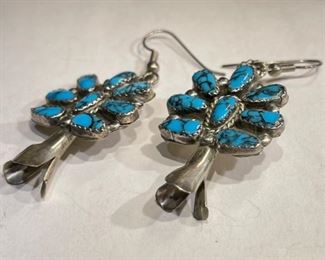 Navajo Turquoise Sterling Silver Cluster Earrings Squash Blossom PAIR		
