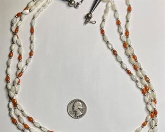 Native American Coral MOP Sterling 3-Strand Bead Necklace		
