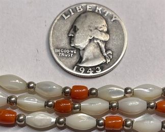 Native American Coral MOP Sterling 3-Strand Bead Necklace