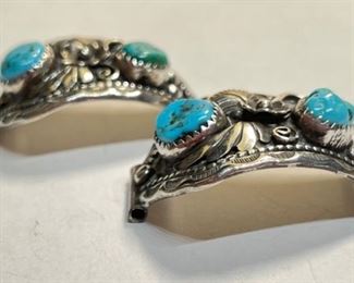 Silver & Turquoise Navajo Watch Band Tips Vintage Signed		
