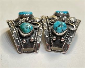 Silver & Turquoise Navajo Watch Band Tips Vintage Signed		
