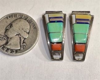 Silver Multi Stone Zuni Watch Band Tips Vintage Signed CS Lonjose		
