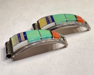 Silver Multi Stone Zuni Watch Band Tips Vintage Signed CS Lonjose