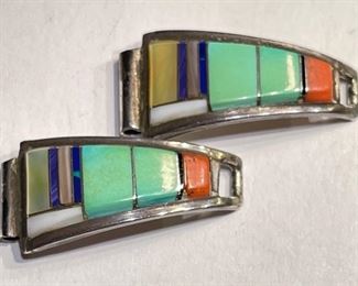 Silver Multi Stone Zuni Watch Band Tips Vintage Signed CS Lonjose		
