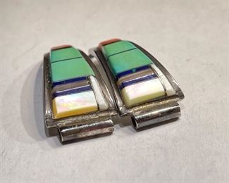 Silver Multi Stone Zuni Watch Band Tips Vintage Signed CS Lonjose		
