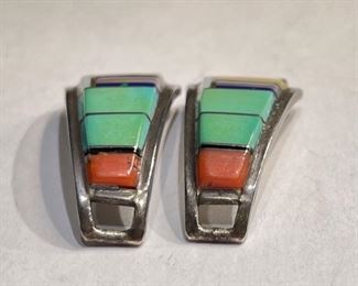 Silver Multi Stone Zuni Watch Band Tips Vintage Signed CS Lonjose		
