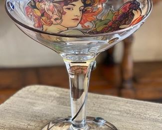 Mucha Art Nouveau Inspired Art Glass Pedestal Vase	10.5in H x 9.25in Diameter	
